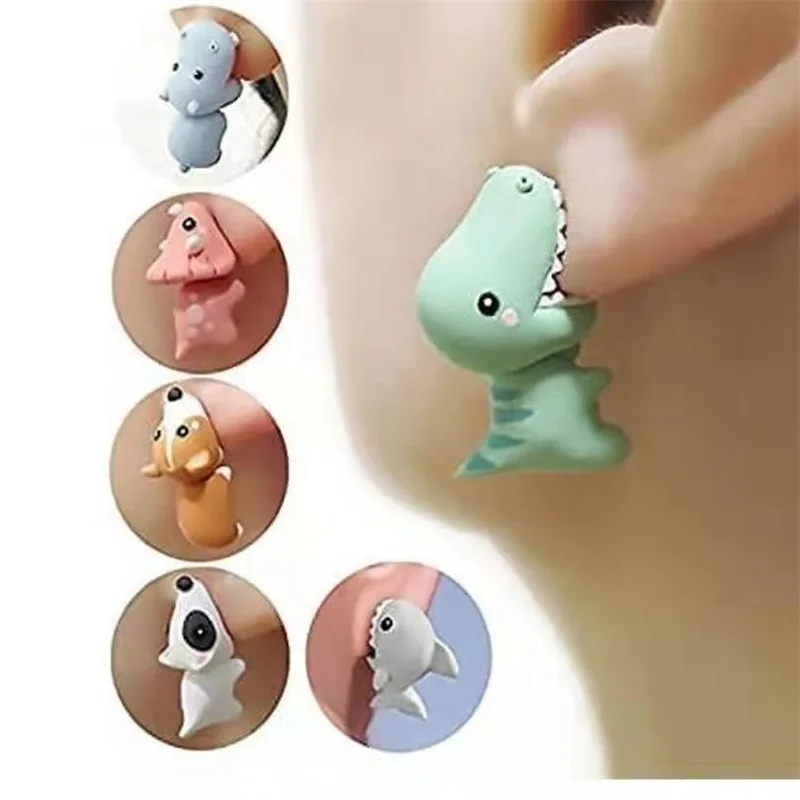 

Animal Cartoon Stud Earring For Women Cute Dinosaur Little Dog Whale Clay Bite Ear Jewelry Funny Gifts Fashion 2pcs/1pair