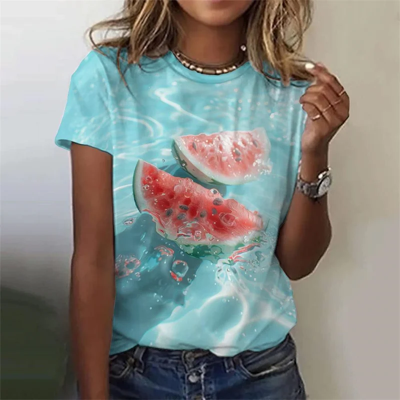 Ripple Fruit Pattern T-Shirt For Women Strawberry Watermelon 3D Printed Short Sleeves Summer Tees Oversized T Shirts O-Neck Tops