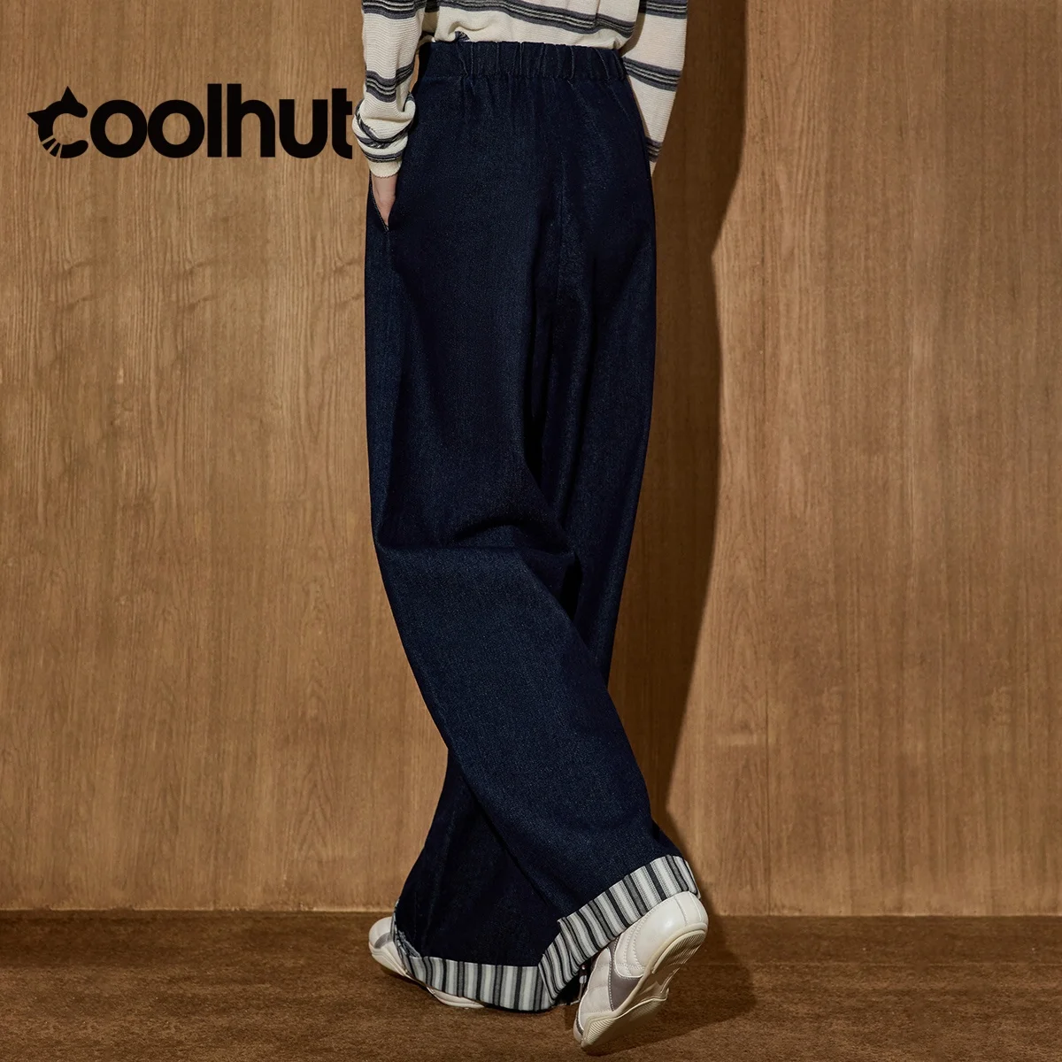 กางเกงยีนส์เอวสูงทรงขากว้าง COOLHUT 2025 สำหรับผู้หญิง ลายทางวินเทจ ปลายขาบาน กางเกงยีนส์ผู้หญิงทรงหลวมสไตล์เรโทรสำหรับฤดูใบไม้ร่วง
