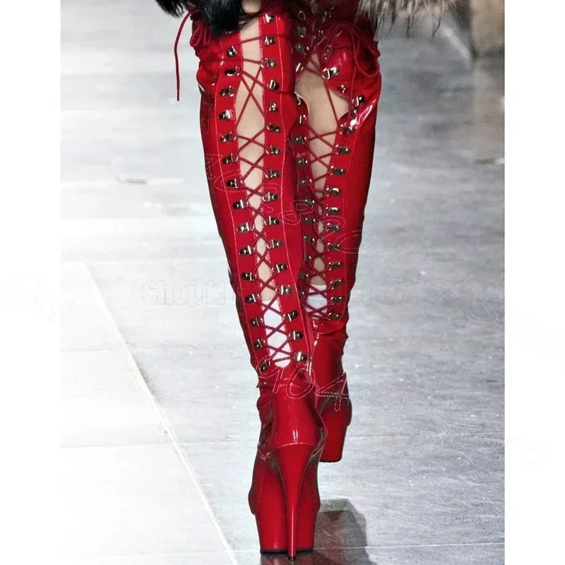 

Red Strappy Round Toe Patent Leather Boots Lace Up Women Shoes Stilettos High Heels Party Feast Dating 2026 Zapatos Para Mujere