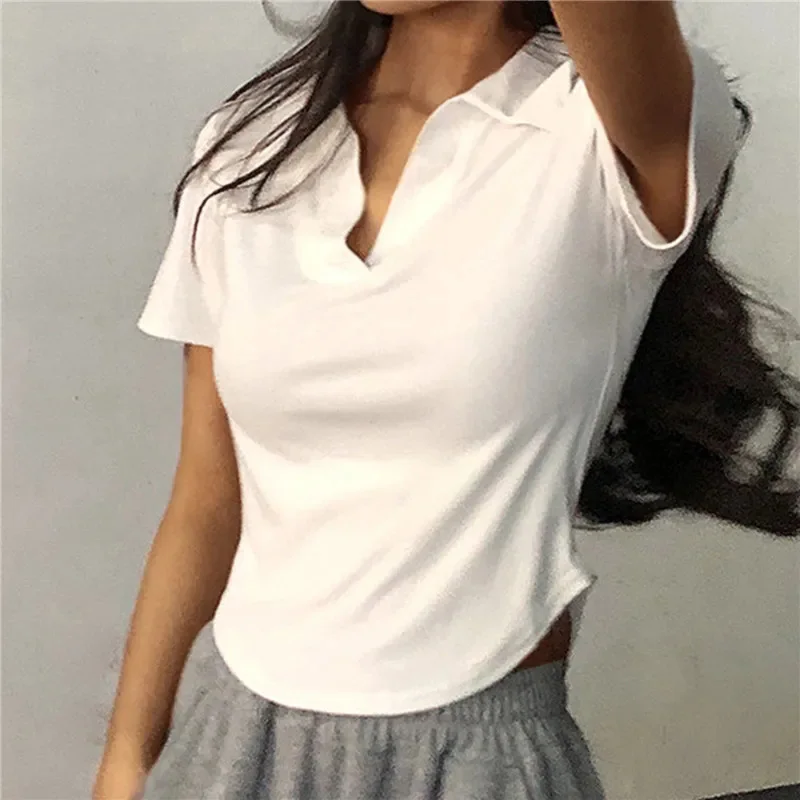 Sommer Kurzarm Revers Top Frauen Solide V-ausschnitt Pullover Retro Süße Shirts Heiße Mädchen Crop Top Weibliche Dünne Vielseitig t – Detail 11