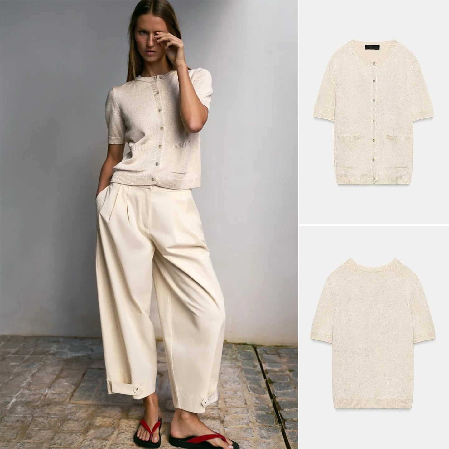 Spring 2026 New Women's Casual Knitted Short Sleeve round Neck Outerwear Multi-Buckled Design Standard Fit Polyester Fiber