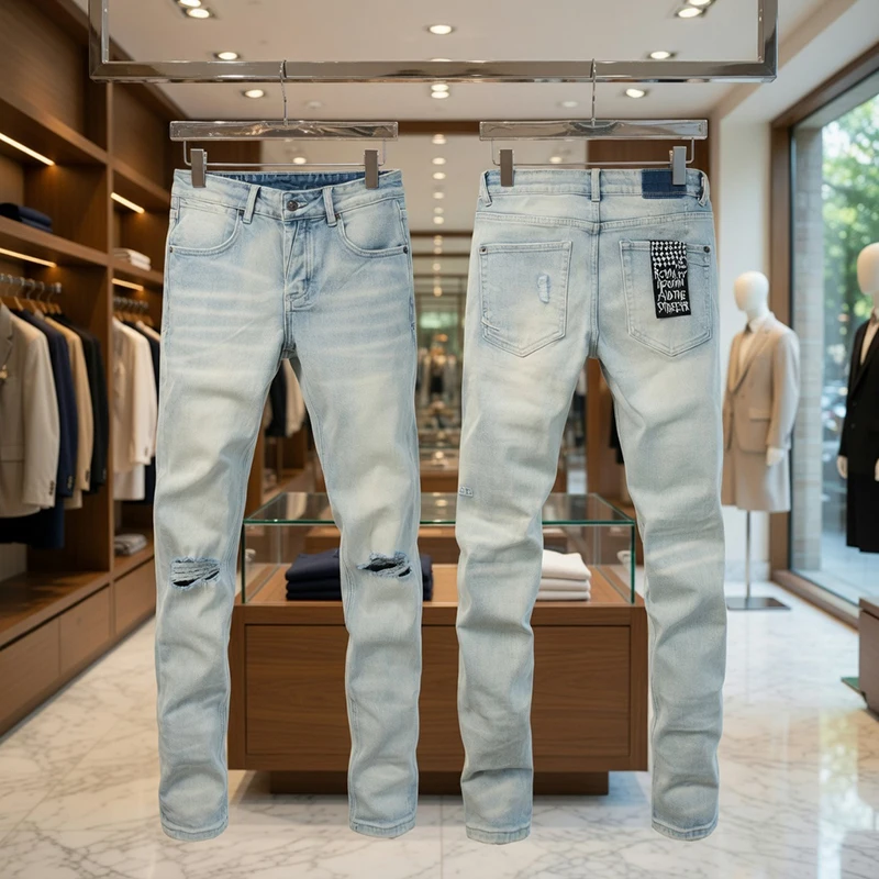 

Новые мужские светло-голубые джинсы слим-фит с эффектом потертости, рваные, стрейч, из денима, повседневные брюки, уличная мода, 2026 год