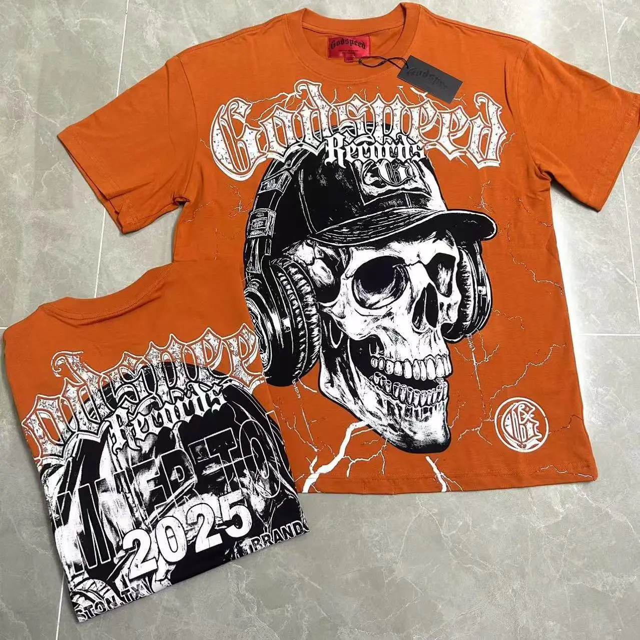 Godspeed American Retro Skeleton Print Loose Fit Cotton Short Sleeve T-Shirt Vintage Style round Neck Casual Unisex Top