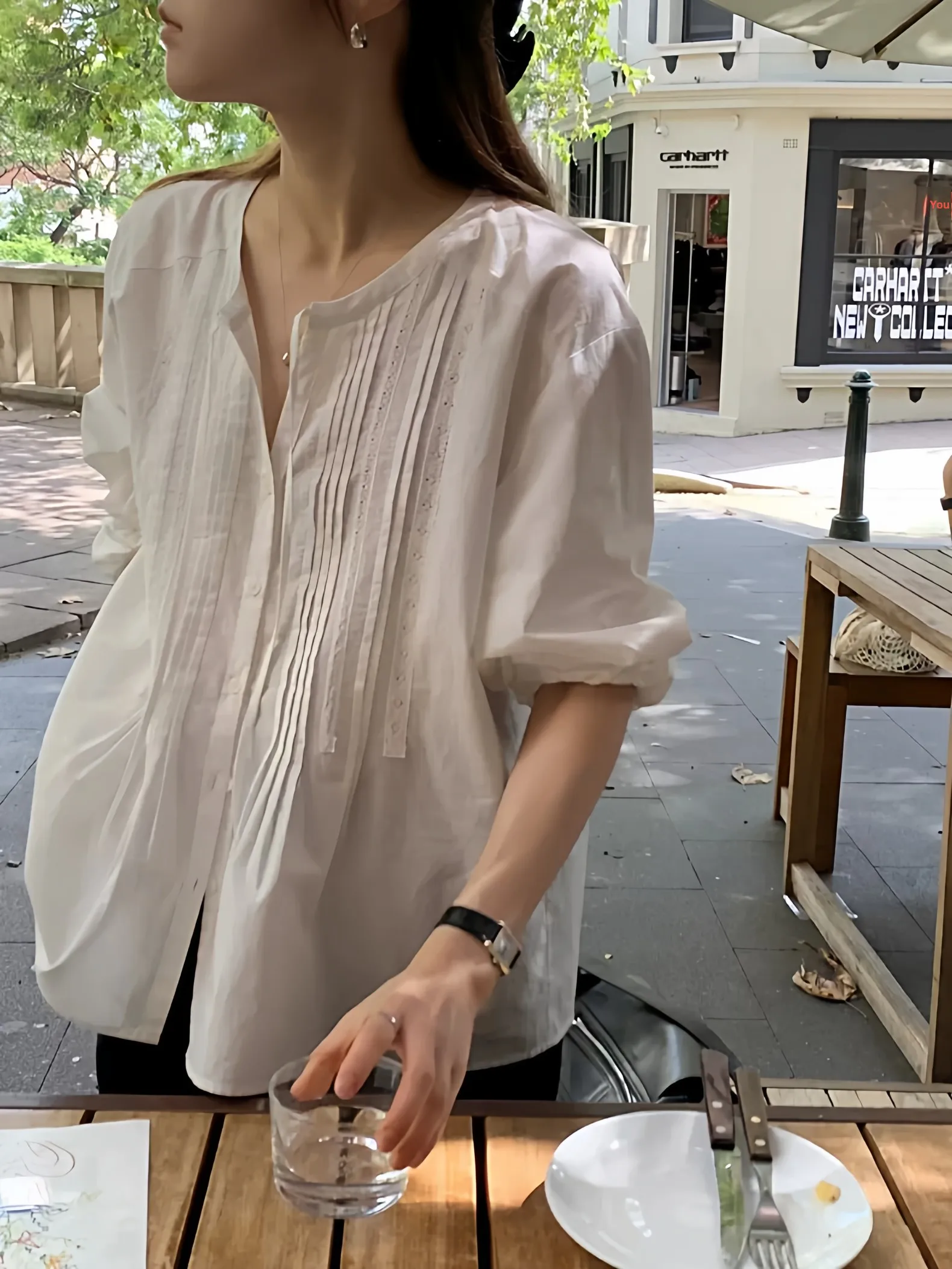 

Korean Sle Lace Belted irt Women's Loose Fit Long Sve round Ne Pure Color Button Closure Spring 2026 Ele Top