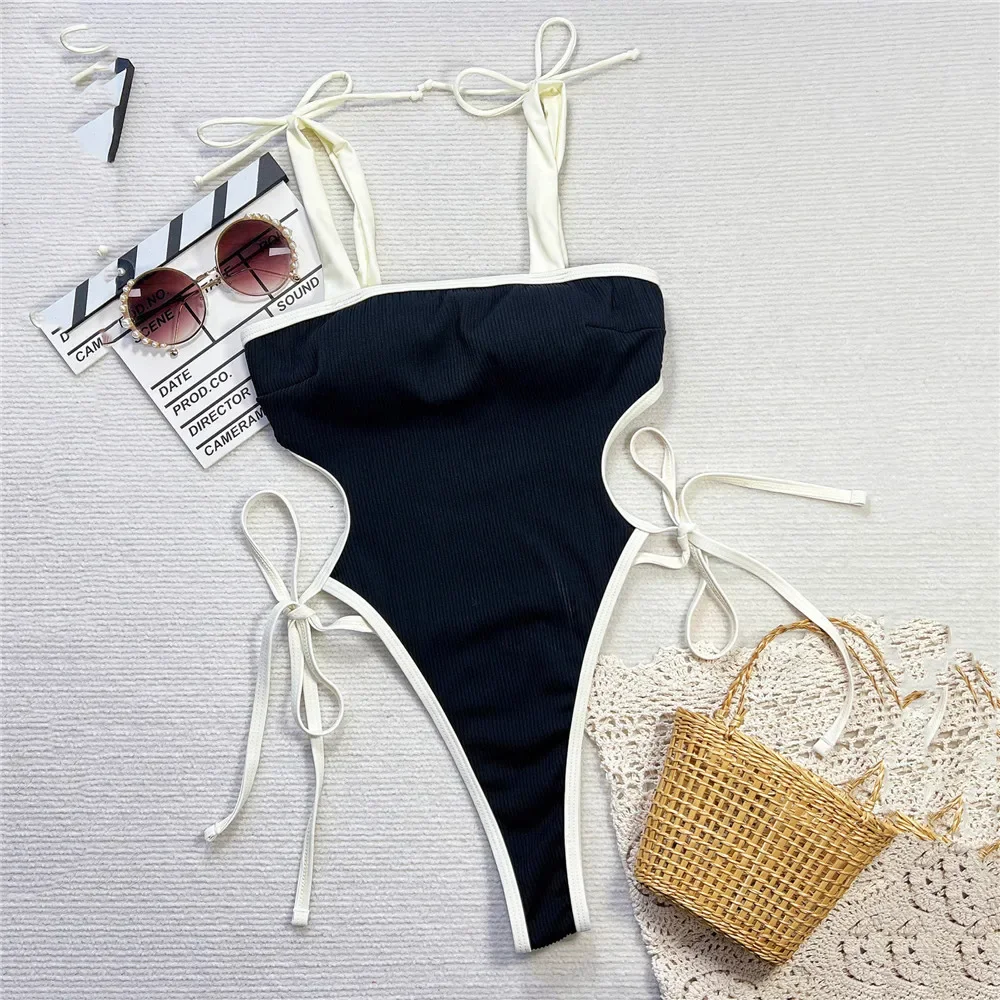 Black Backless Sexy Swimsuit Women 2026 One Piece Black White Contrast Swimwear Hollow Out Monokini Lace-up Bathing Suit Suit