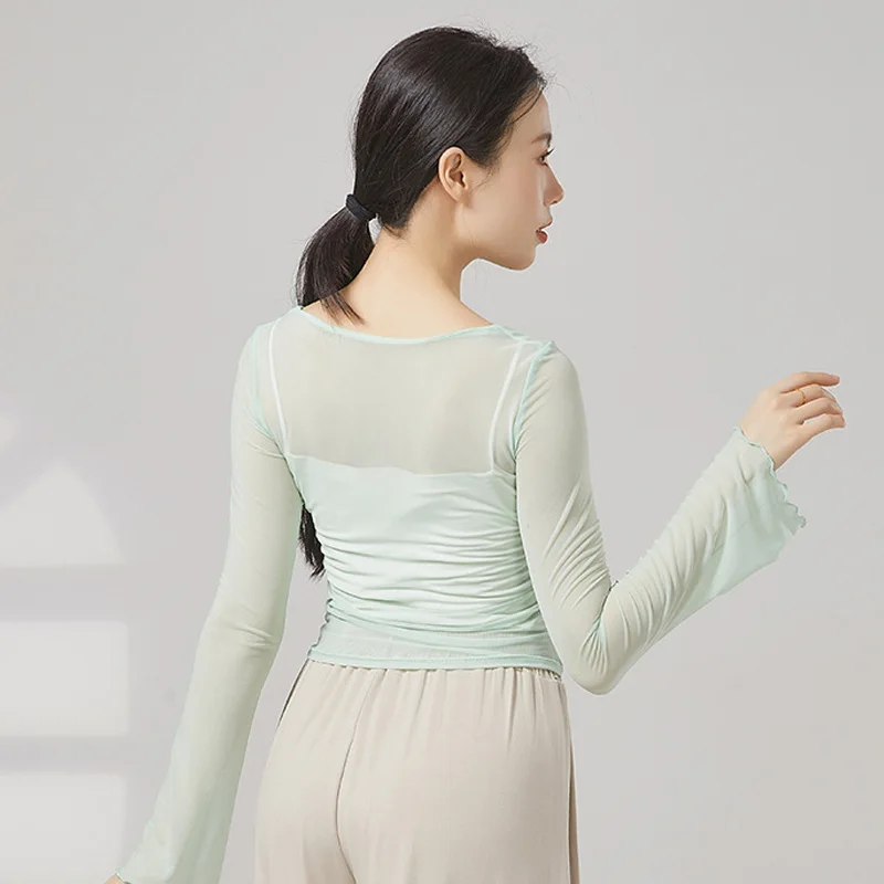 Mesh Classical Dance Top See Through Long Flared Sleeve Shirt Yoga Chinese Folk Dance Costume Summer Modern Dance Clothes