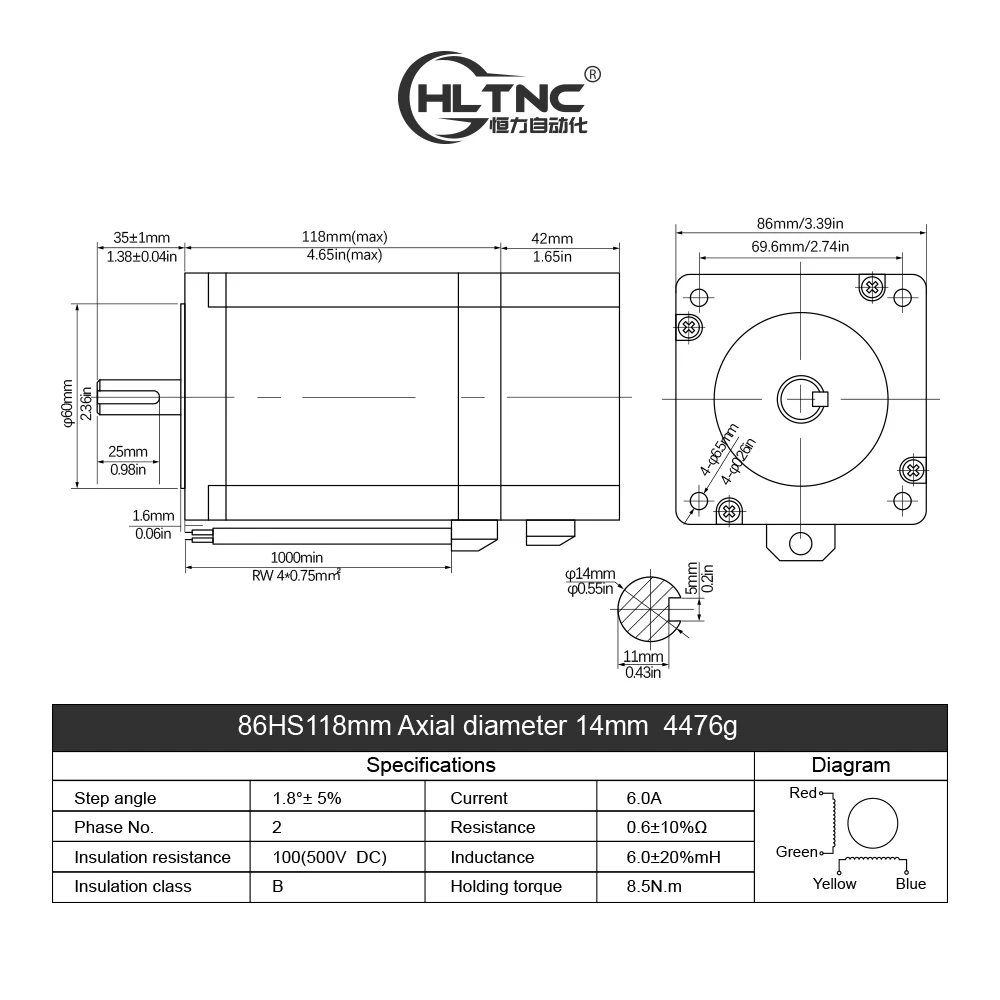 Nema34 Stepper Motor 86 Flange 86HS118 5.6A 8.5N.m 1214ozin DC Engine With 4 Lead 1500RPM For CNC Router