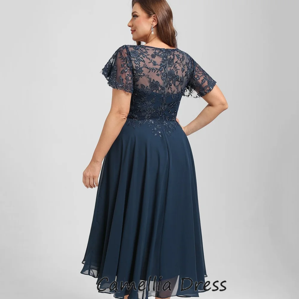 Elegante Kant Chiffon Moeder Van De Bruid Jurken Korte Mouw Applique Een Lijn Thee Lengte Formele Jurk Rits Trouwjurk Jurk Jurk