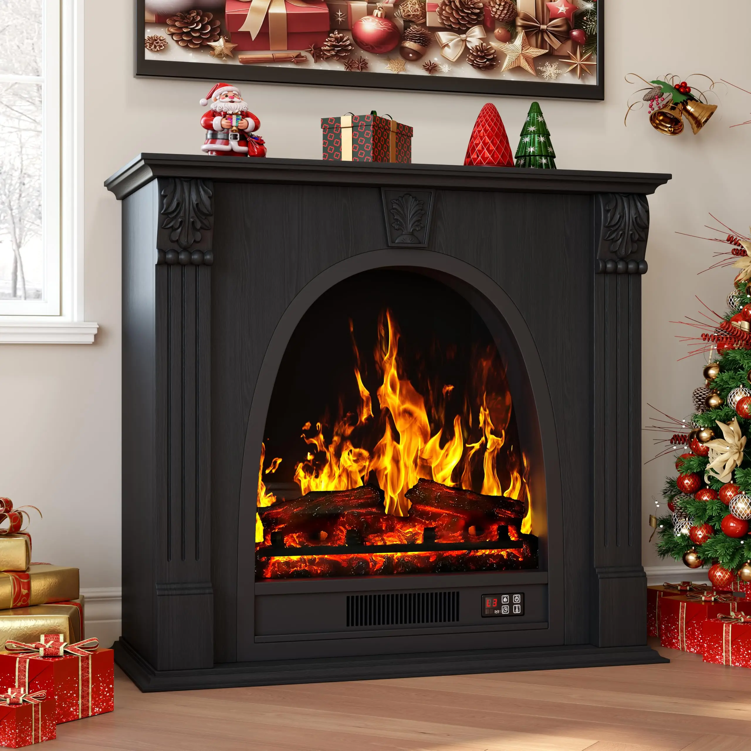 Electric Fireplace with Mantel, Black Egg-Shaped Fireplace TV Stand