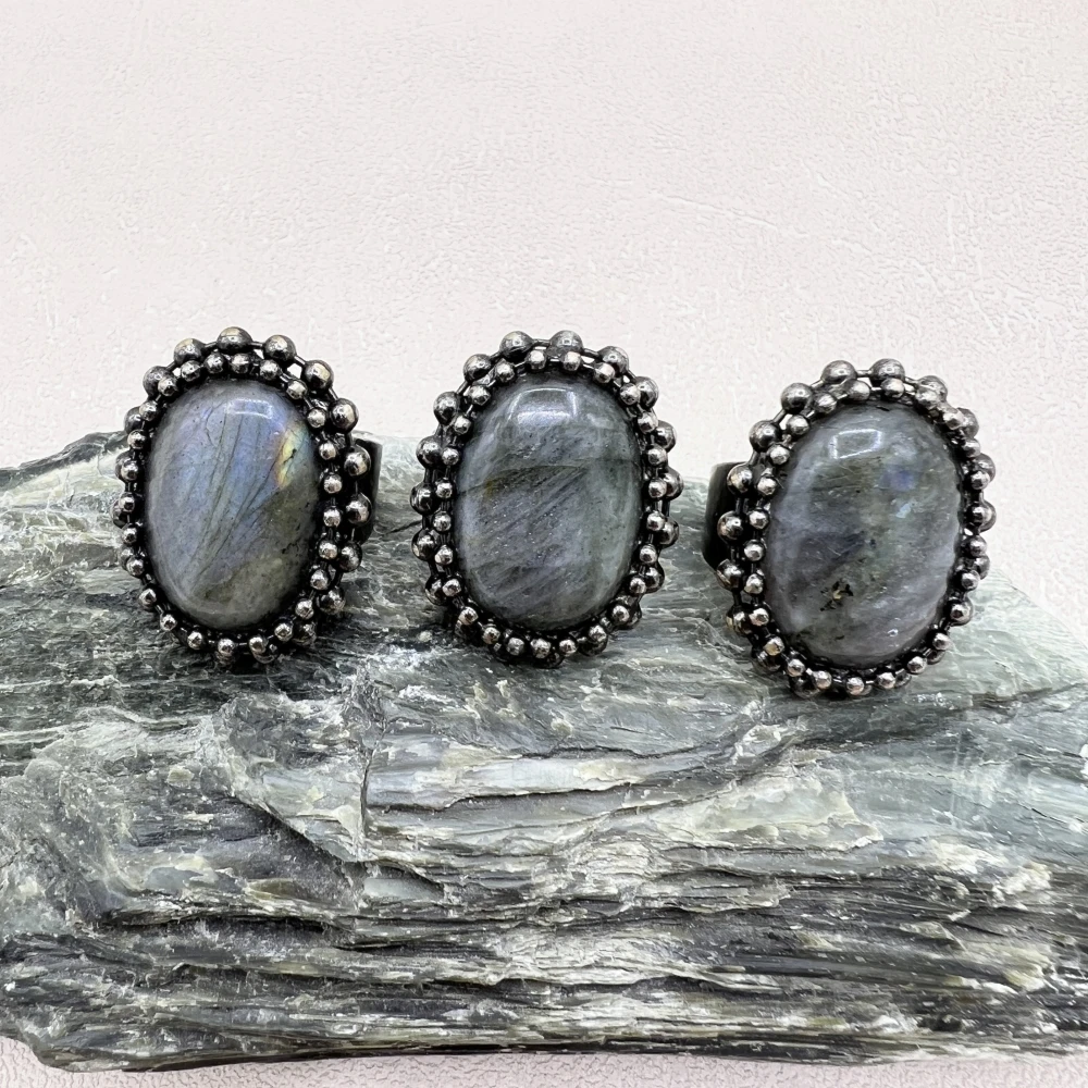 10PCS Large Oval Shape Natural Labradorite Stone Vintage Adjustable Rings For Men Women Witch Gothic Jewelry