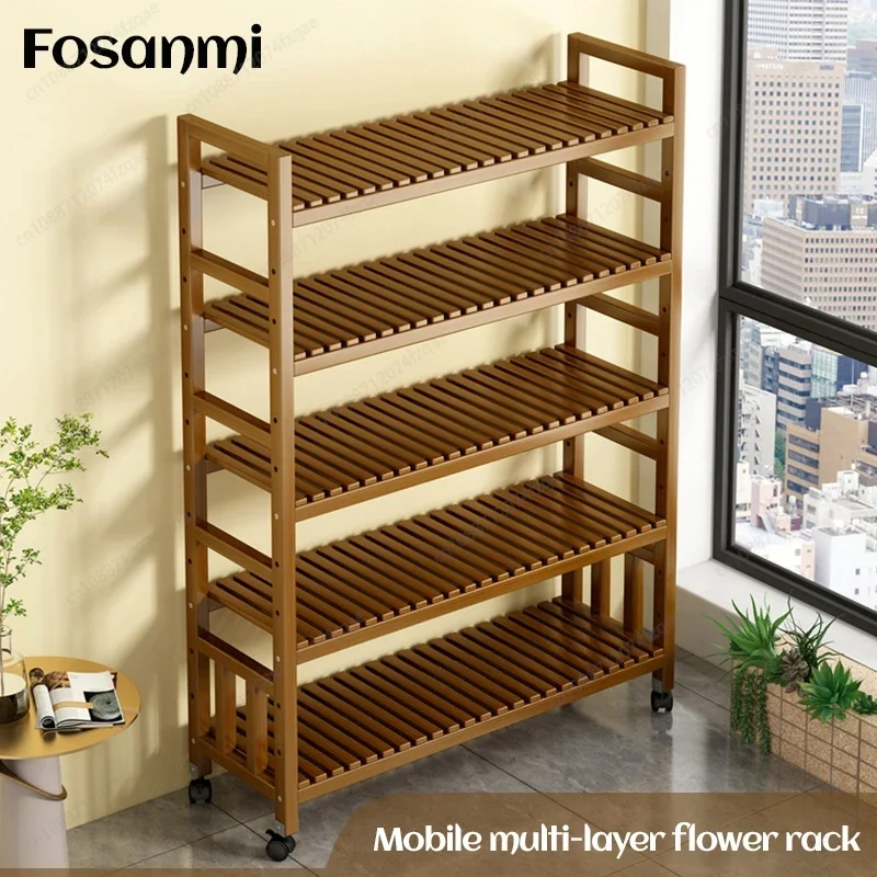 ZIndoor Balcony Plant Stand Flower Rack Simple Movable Garden Flower Pot Storage Rack Vertical Bamboo Plant Display StandZ