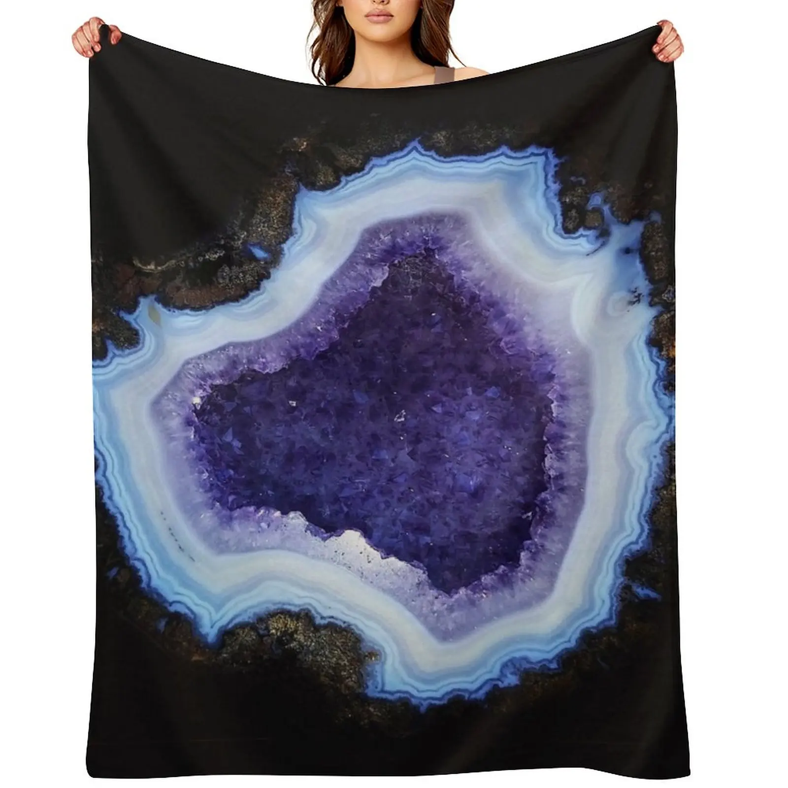 Geode Agathe Amethyst purple and light blue magic mineral rock slice in half with pastel purple and violet crystal Throw Blanket