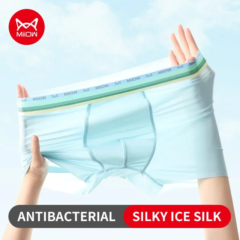 MiiOW 3Pcs Silky Ice Silk Men Underwear Boxers 7A Antibacterial Crotch Mens Underpants Lightness Breathable Men\'s Boxers Panties