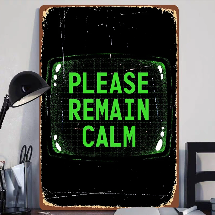 Please Remain Calm Vintage Metal Sign Retro Green Grid Pattern Wall Decor for Home Office Garage Man Cave Artwork