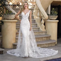 V Neck Mermaid Wedding Dress Lace Appliques Bride Dress Long Double Train Bohemian Bridal Gown Vestido De Noiva Customed
