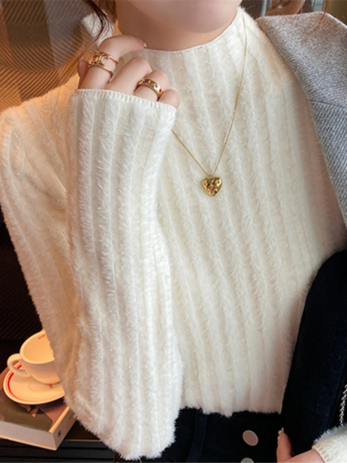 

Soft Thiened Women's Knitted Sweater Autumn Winter New Sle Mink Velvet f High Collar Inner Fce Lined Base irt