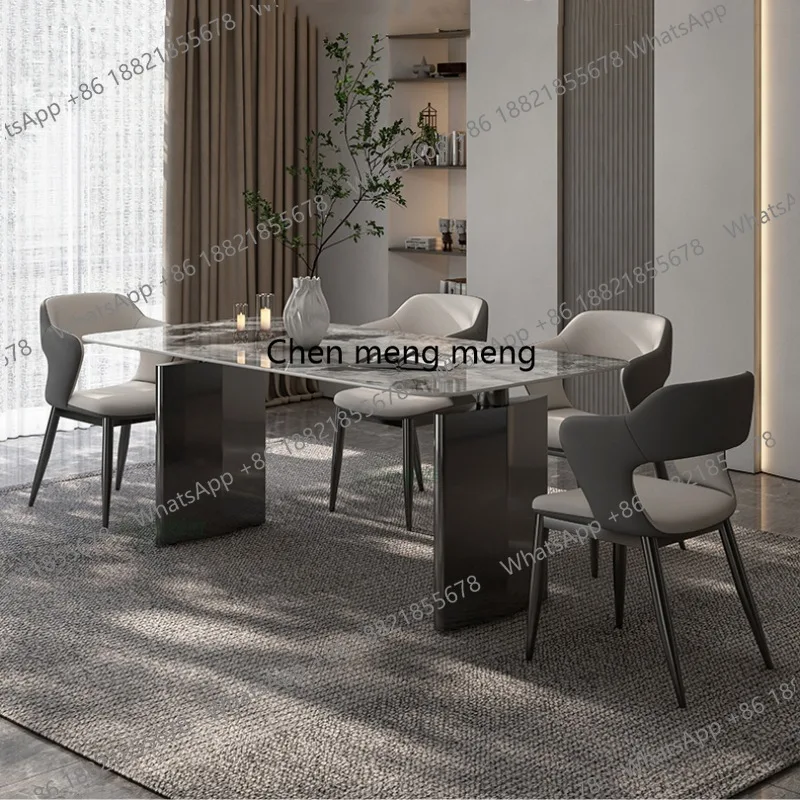 Italian Style Light Luxury Natural Marble Dining Table Modern Home Dining Table Stainless Steel Wine Bottle Holder
