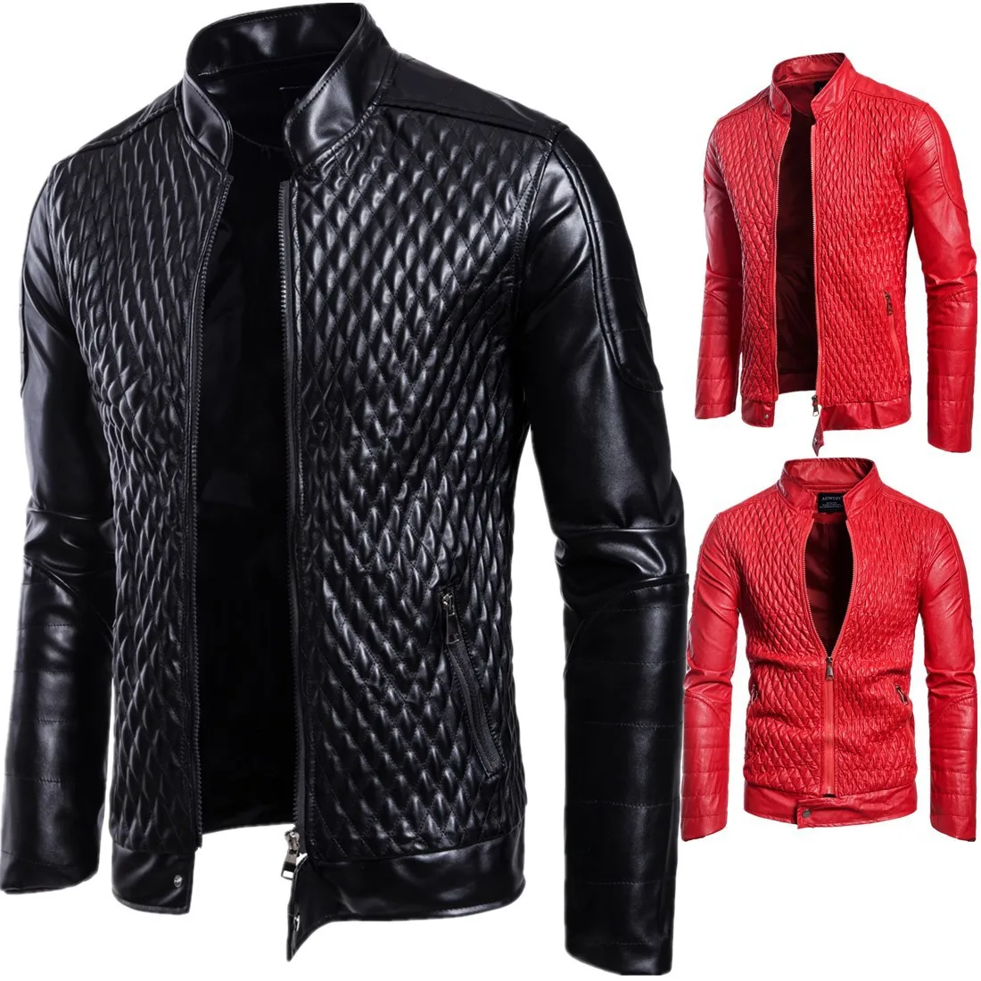 Mens Leather Jacket Spring Autumn New Men Diamond Design Stand Collar Zipper Male Casual Fashion Streetwear Leather Coats
