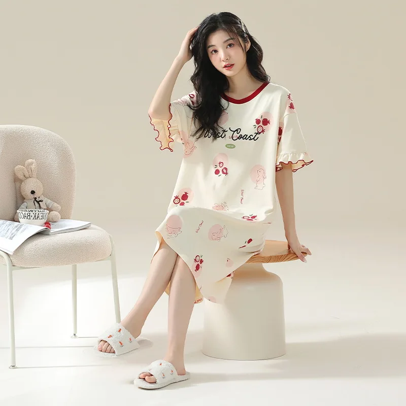 

Антибактериальная ночная рубашка, пижамы с короткими рукавами, милый мультфильм, большие размеры, ночная рубашка до середины икры, женские пижамы для студенток и девочек