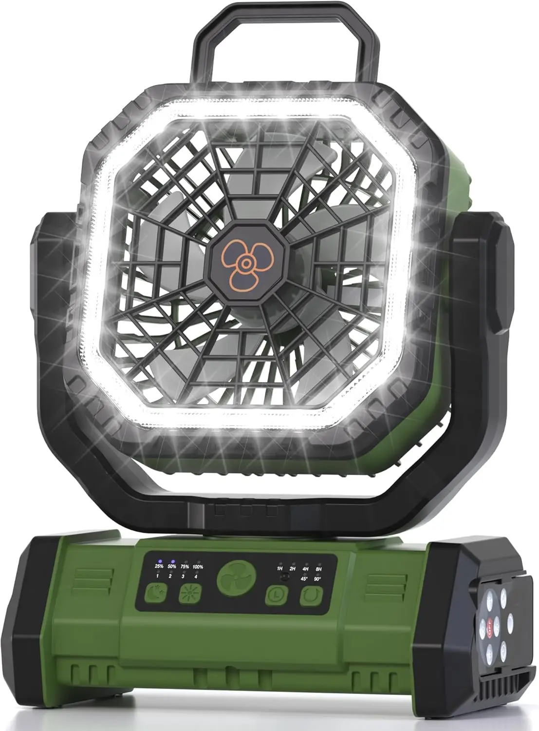 

Портативный перезаряжаемый вентилятор для кемпинга с LED-подсветкой и пультом ДУ, беспроводной, на аккумуляторе, с USB-C, 4 скорости, таймер, крючок для подвешивания