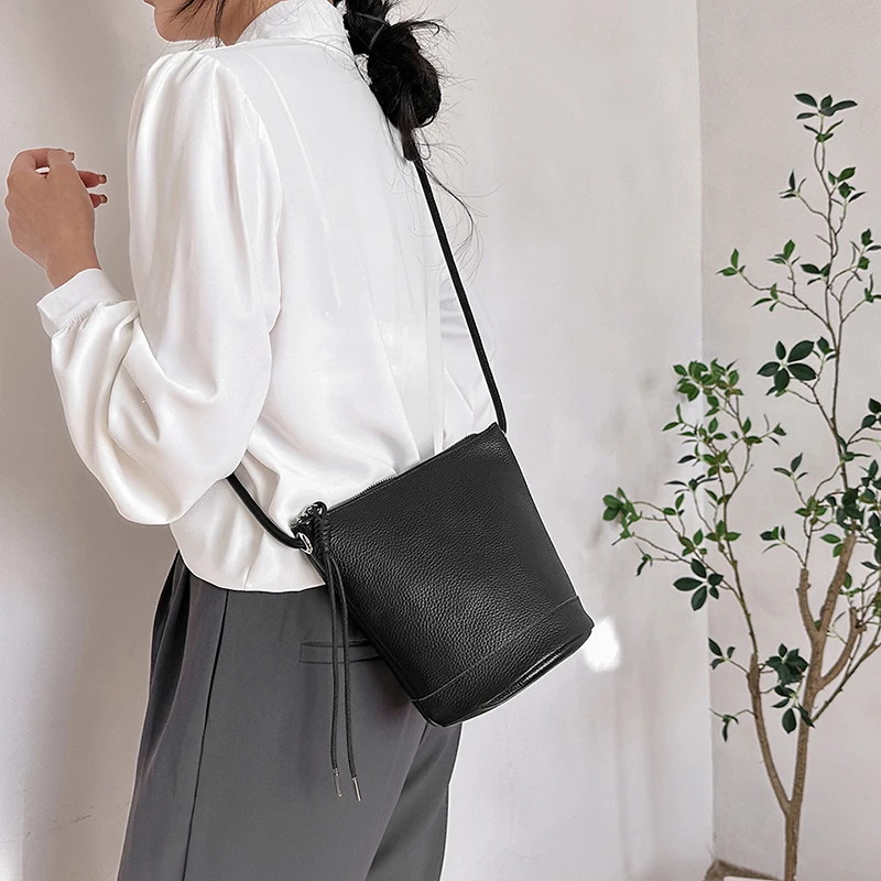 Women\'s Genuine Leather Bucket Handbag Large CapacityTote Bag 2023 Fashion Female Simple Shoulder Bags Casual Crossbody Bag