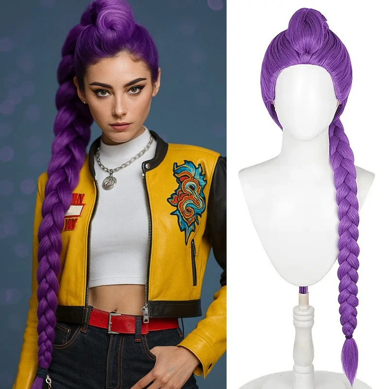 Synthetic Braided Purple Cosplay Wig with Ponytail Claw Clip for Women Girls Rumi-Inspired Style Halloween Party Costume