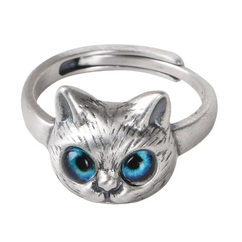S925 Sterling Silver Cat Open Ring, Vintage Oxidized Finish, Cute Kitten Design, Adjustable Band, Trendy Women Finger Jewelry