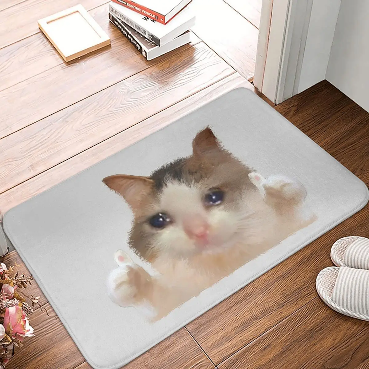 Huilende Kat Duimen Omhoog Meme Met Twee Handen Verhoogde Sad Kitty Cry Eyes Antislip Deurmat Vloermat Tapijt tapijt Voetzool Matten