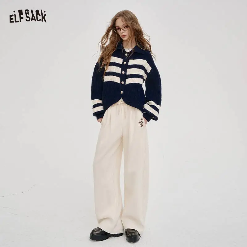 ELFSACK 2025 Winter New Arrivals Casual Loose Solid Colour Floor Length Straight Leg Pants For Women