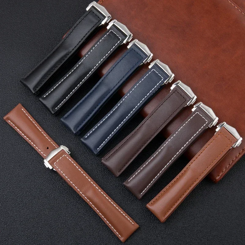 19/20/21/22mm Italian Flat Leather Watchband For Omega Strap Seamaster 300 Speedmaster AT150 De Ville Bracelet Clasp