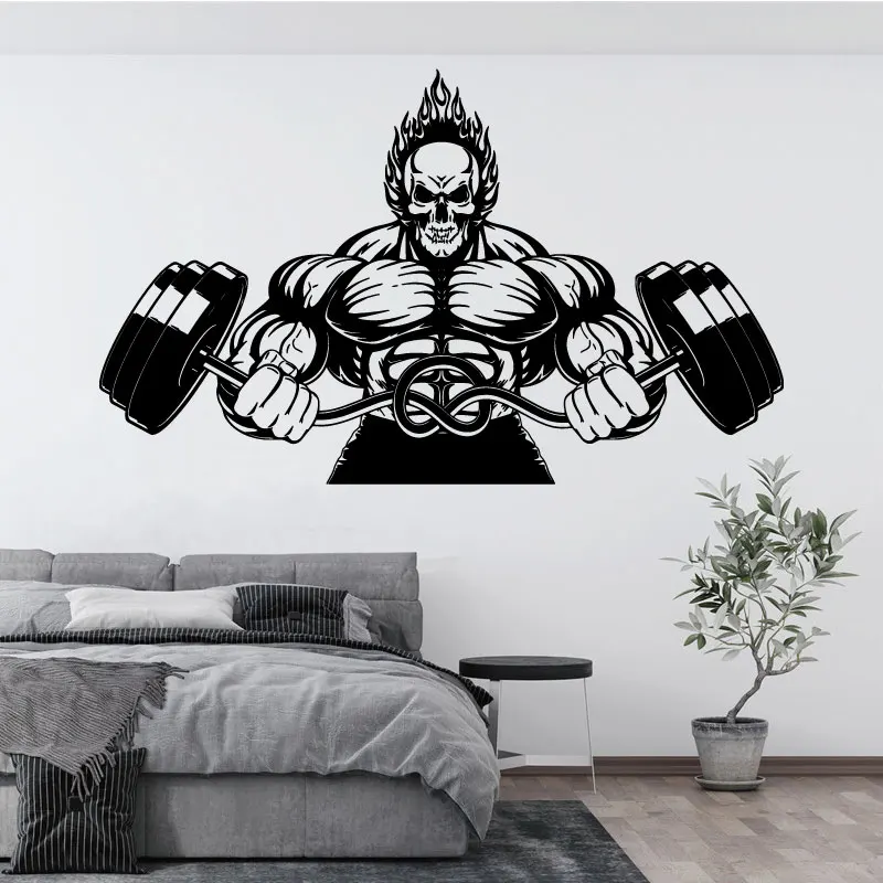 Gym Bodybuilder Vinyl Wall Decal Athletic Competitive Sports Fitness Decal Boy's Teen Room Gym Skeleton Barbell Art Deco Gift S3