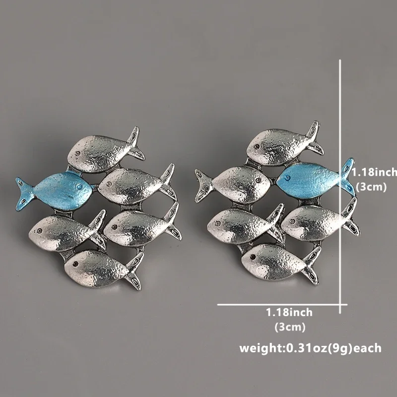 Swimming Against The Current Silver Color Stud Earrings. Mismatch. School of Fish with One Blue Swimming Upstream