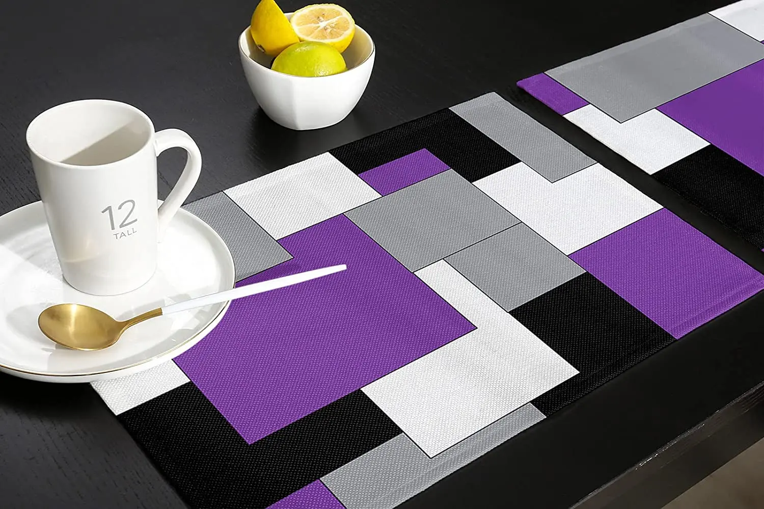 Tovagliette per tavolo da pranzo Set di 4/6 pezzi arte astratta Patchwork viola nero e grigio tavolo da cucina tovagliette tovagliette tavolo