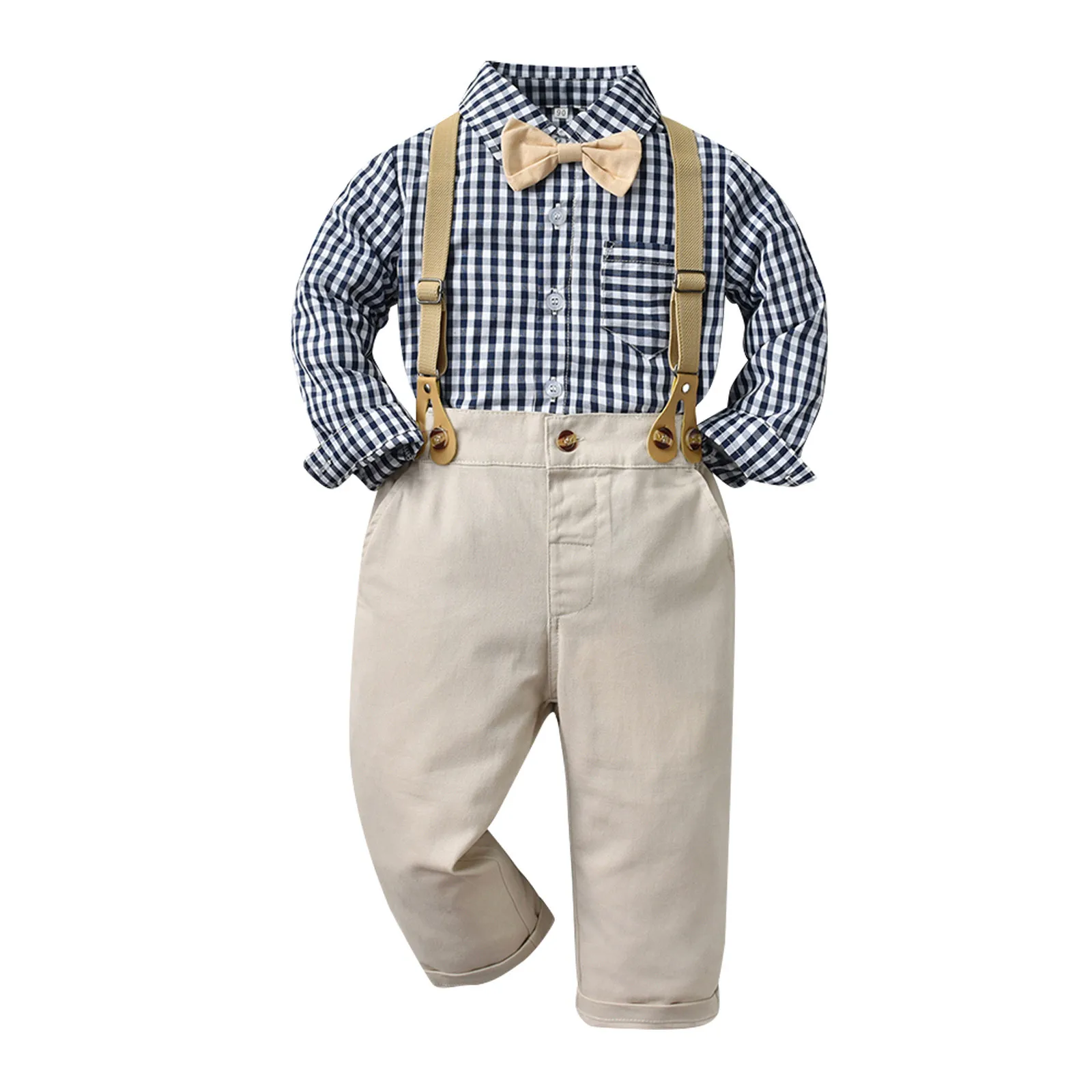 Kids Gentleman Outfits Toddler Boys Long Sleeve Plaid T Shirt Bow Tie Tops Pants Set Children Party Clothes Fashion Costume New