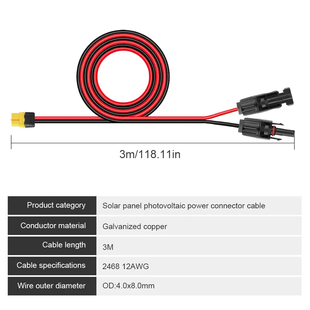 12AWG 3M Solar Charge Cable XT60 Adapter to Solar Male Female Connector Extension Wire for Battery Pack