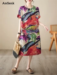 Short Sleeve Cotton Linen Print Vintage Dresses For Women 2026 Summer Casual Loose Long Dress Robe Femme Elegant Fashion Clothes