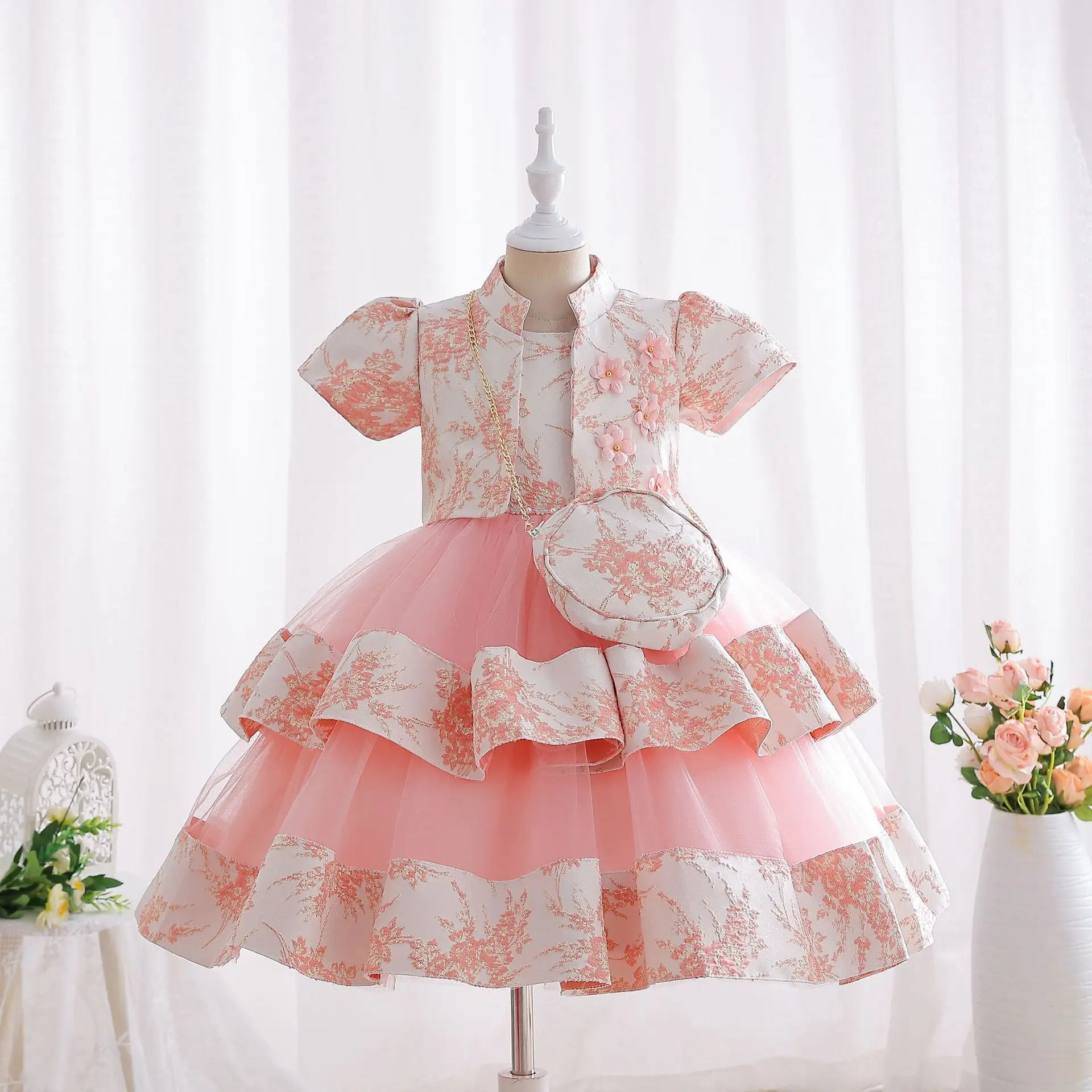 

New Set Children's Dress Gold Silk Embroidered Princess Dress Girl Flower Child Birthday Dress Kids Wedding Party Dress