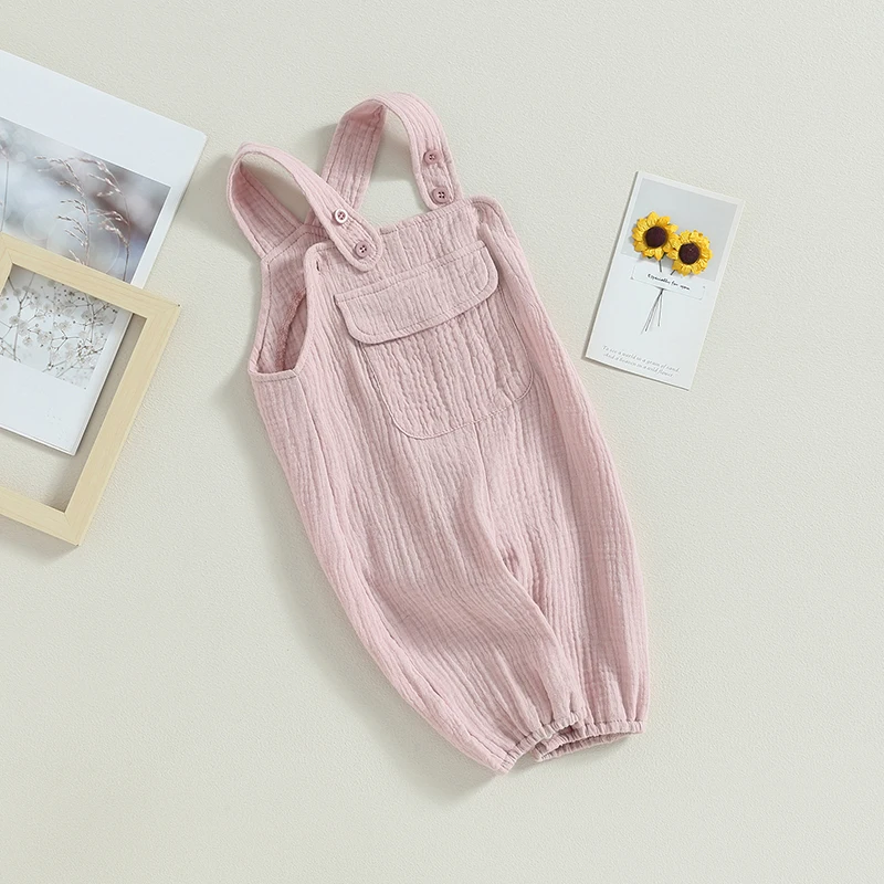 Casual Baby Girls Boys Rompers Solid Color Sleeveless Straps Jumpsuits Summer Infant Clothes Pocket Bodysuits Overalls