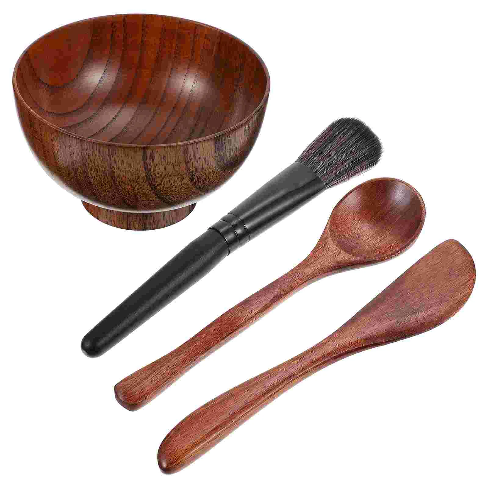 4 Pcs Four Piece Facial Mask Bowl Professional Making Set Kit Mixing Makeup Brush DIY Tools Wooden Beauty Salon