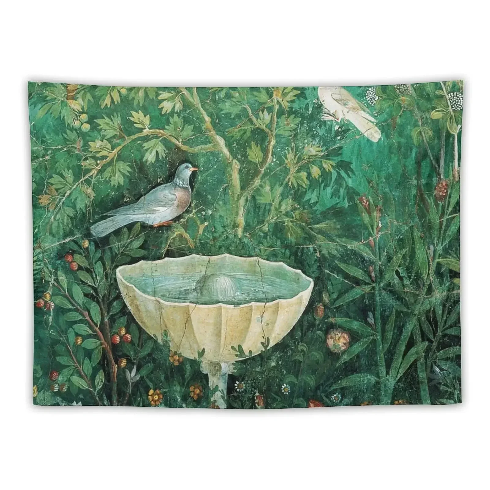

POMPEII COLLECTION,LITTLE BIRDS,DOVES AND FOUNTAININ GARDEN ,GREEN FLORAL Tapestry Aesthetic Decoration Tapestry