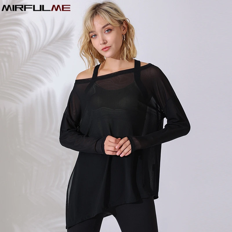 Women Loose Thin Yoga Shirts Long Sleeves Sport T-Shirts Oversized Running Sweatshirts Quick Dry Gym Fitness Tops Forked Blouse