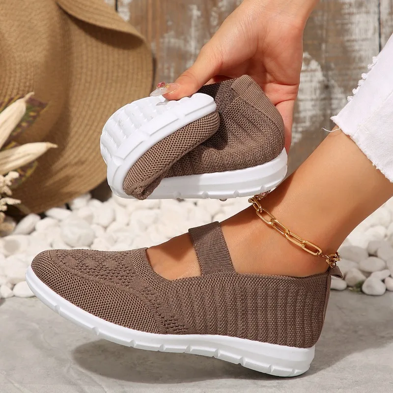 Women's Ballet Flats Spring and Summer New Knitting Breathable Lightweight Sneakers Fashion Solid Color Round Toe Casual Shoes
