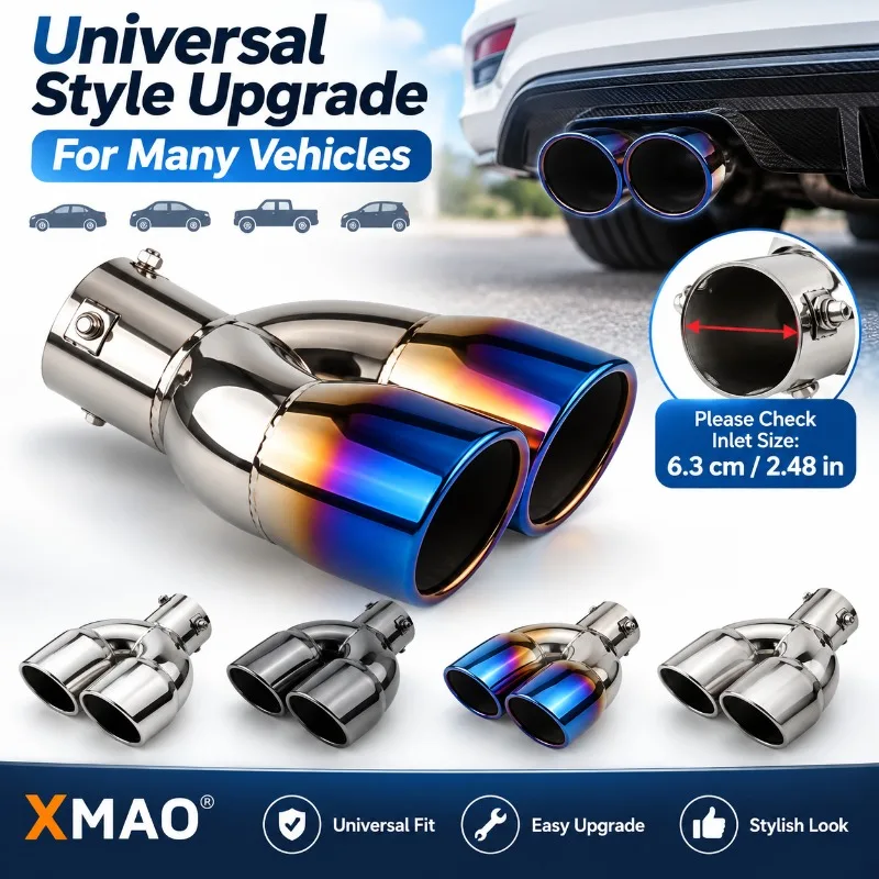 XMAO Universal 63mm Inlet Dual Exhaust Tip Stainless Steel One In Two Out Clamp-On Tailpipe Muffler Tip for Car Rear Styling