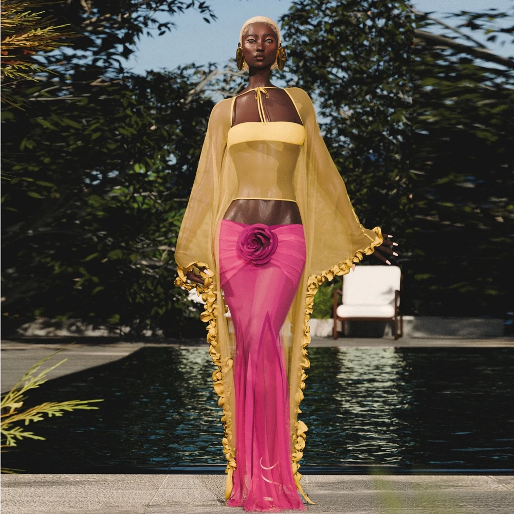 

Women Mustard Yellow Chiffon Halter Cover Up Summer Boho Beach Kaftan Ruffled Scalloped Edge See Thru Mesh Loose Fit Top