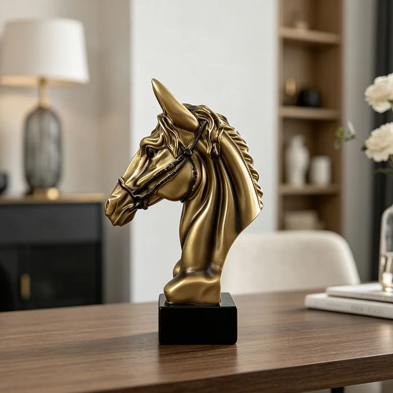 Retro Copper-proof Horsehead Ornaments Resin Animal Home Decoration Living Room Wine Cabinet Porch Office Opening Gift