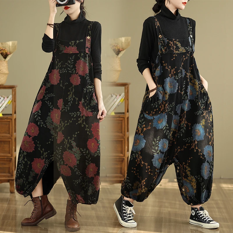 

Retro Print plus Size Denim Overalls Loose Fit Fashionable Autumn Winter Ladies High Waist Cotton Cargo Pants