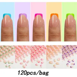 120PC Short Square Colorful French False Nails Pink/Yellow/Green/Yellow/Rose Red French Press On Nails Soft Gel Acrylic Nail Tip