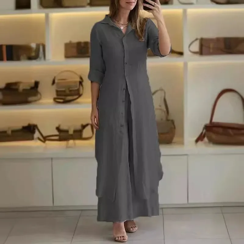 春夏 レディース シャツ ロングパンツスーツ エレガント カジュアル スリム ウエスト ロングシャツ 無地 ワイドレッグパンツ ツーピースセット