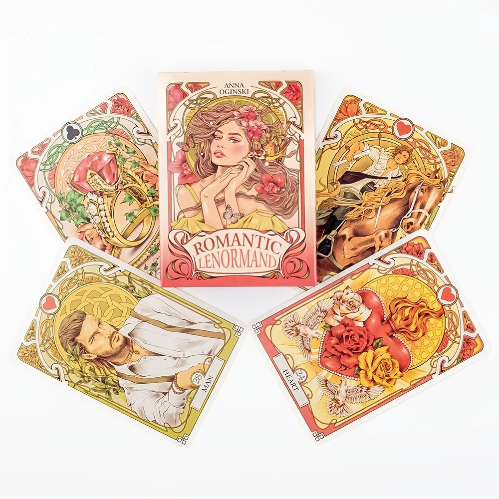 

37Pcs Romantic Lenormand Oracle Cards Deck - English Edition, Art Nouveau Floral and Mythological Illustrations for Board Game